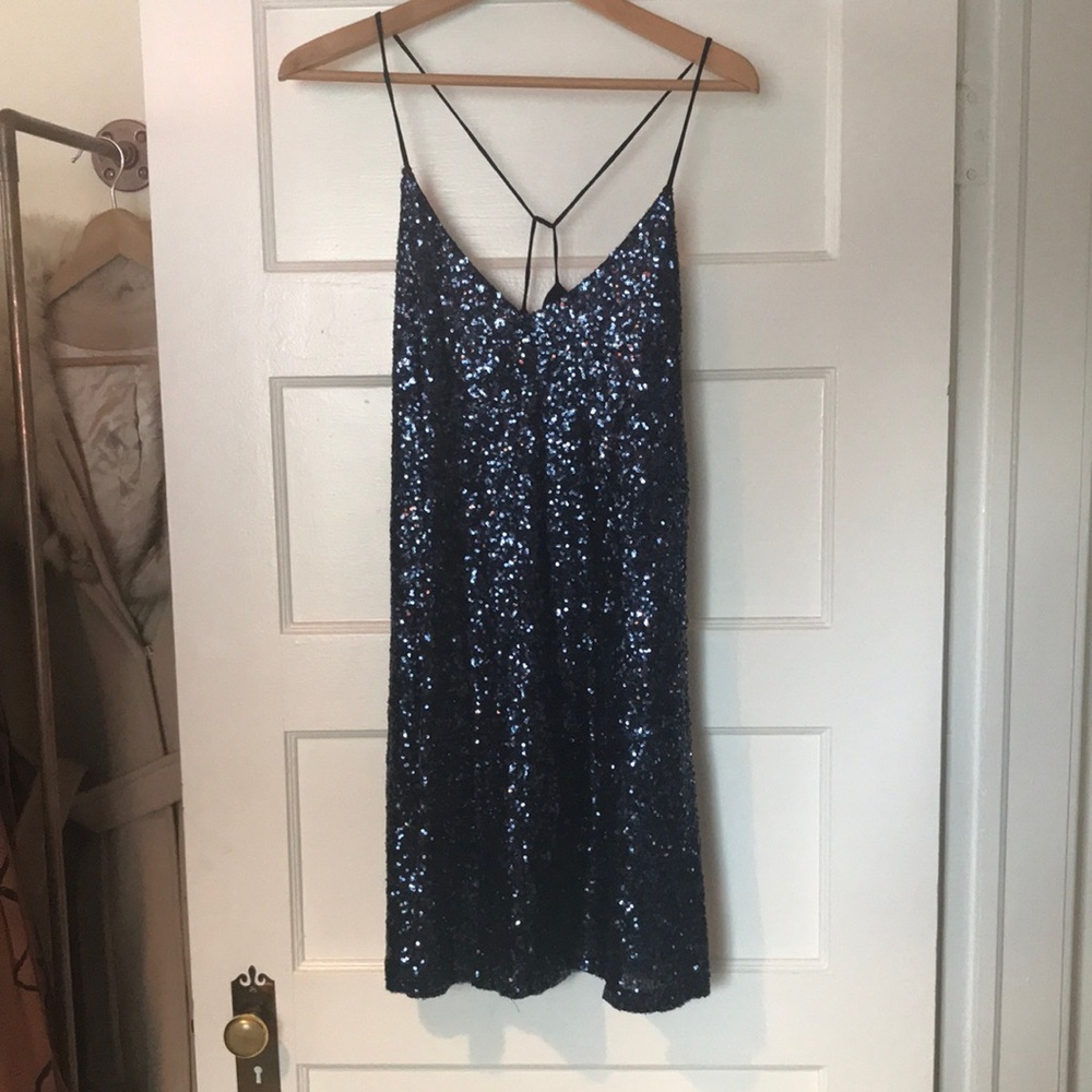 Midnight blue sequin mini swing dress